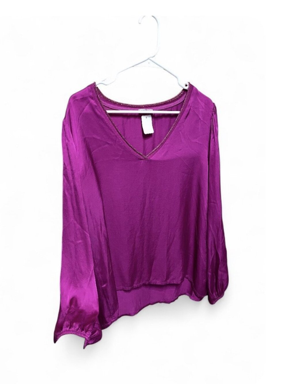 70s Silky Fuchsia Blouse Vibrant Flowy Pink Top Long Sleeve Glam Disco, M
